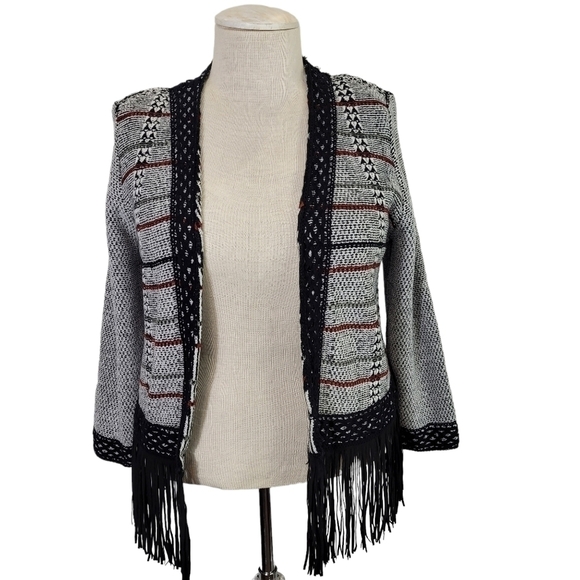 CJ Banks SZ X Cardigan Sweater with Fringe Open Front Black, Grey & Red - Picture 1 of 9
